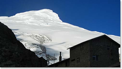 By late afternoon we had arrived at Cyambe Hut, and our mountain loomed above us.