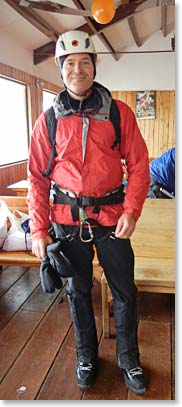 Jeremy got ready inside the hut for the glacier practice.