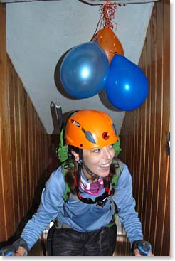 After a long and exhausting birthday morning climbing Cyambe, Ljerka ascended the stairs up hut where her party waited