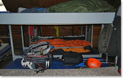 Our bunks in the hut, full of our gear for the climb