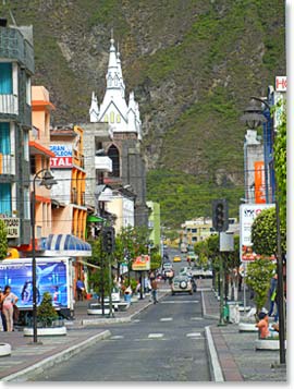 A colorful street view of Baños de Agua Santa commonly referred to as Baños, which is an eastern city in the Tungurahua province.