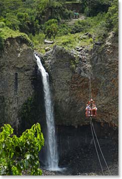 The beautiful waterfall backdrop on this railroad to the sky is named 'Manto de la Novia,' which translates to 'The Bride's Veil.'