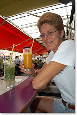 Chris taking in her mango drink