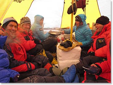 View of a team enjoying a nice, warm meal in Antarctica