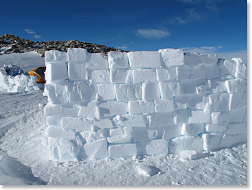 A view of ice-block walls, which get higher for better protection from the wind.