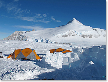 A view of High Camp with brilliant blue skies, but don’t let the blue fool you, it can drop to a frigid -30 degrees Celsius at least!