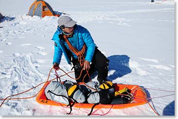 Loading up your ‘best friend’ at Vinson Base Camp. Pulling these sleds make packing up easy.