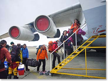 An excited team boards the Ilyushin for our flight to Antarctica.