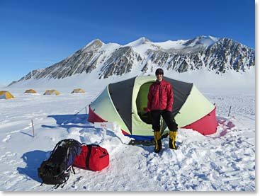 Vaughan outside his “clam” at Union Glacier, where he spent his first night in Antarctica