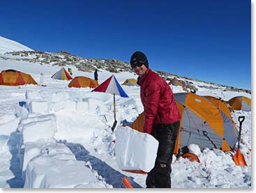 Vaughan working on our snow walls at High Camp