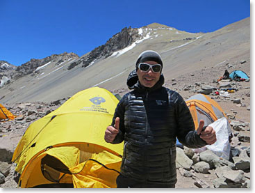 Neil approves of the accommodation at 16,570ft (5,050m).