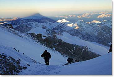 Aconcagua’s shadow covering the mountain range during a summit attempt