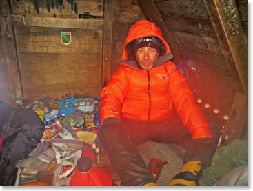 Neil relaxing at pre-summit breakfast on Berlin Camp 19,500ft (5,944m)... only 3,500ft (1,067m) and 9 1/2 hours to the top!