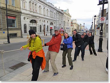 The streets of Punta are windy!  The city ties rope along the sidewalks to assist pedestrians to stay upright as they walk in the highest winds (we have had 134 km per hour recorded here since we arrived)  It was relatively calm the evening of the 2nd however and our team members may have been exaggerating just a bit in this shot.