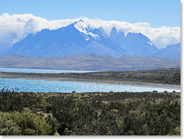 Our first view of the “torres” the granite towers across the Sarmiento Lake.