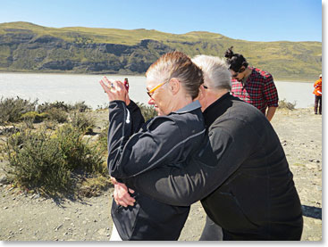 Our photographs of the spires were not easy to take because of the high winds.  Ted embraced Rene so that she could hold her camera steady enough to get a good shot.  Patagonia is a wild place!