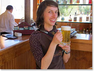 We arrived at our lodge at about 5:30pm.  Laura greatly enjoyed a cold beer after a long bus ride.  We are all happy that we will be walking for the next days.  No more airplanes and buses.