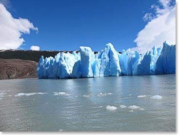 Melting icebergs calved by the glacier are visible throughout the lake