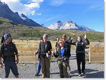 Tired team arriving at Paine Grande