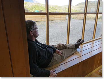 A reflective Gordon  at the Paine Grande Refugio