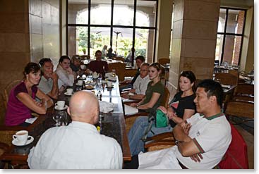 After a whirlwind morning, we had lunch at the Hyatt Hotel near Boudanath – as Wally spoke about the logistics of getting ourselves to the mountains tomorrow, the group seemed intent, focused on backpacks and warm clothing for a change. Soon we will be on our way to the Khumbu!