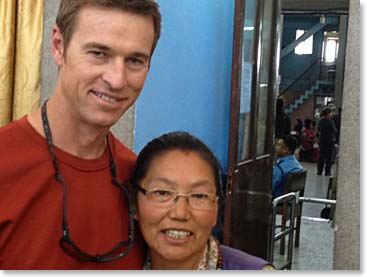 Todd has been eager to see his dear friend Ang Tashi Sherpa who lives in Kangzuma, on the trail to EBC. By happy coincidence, Tashi was in the departure lounge waiting to fly home today.  We will see her again soon when we visit her and her husband Lakpa Dorjee at their lodge