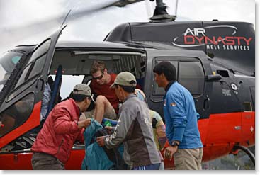 By 4:30 our 2nd Dynasty Air B-2 helicopter had landed in Lukla.  As Todd stepped out Min, Nuru and the rest of the Berg Adventures staff helped quickly unload.  It is a great feeling to have all the team here. 