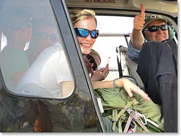 Wally gives us his thumbs up as he flies into Lukla with the girls.