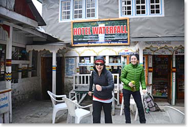 We take frequent 'tea breaks' at lodges along the way.  We usually enjoy drinking 'hot lemon'.  Katie Branham and Katie Ross  are ready to hit the trail again after a hot lemon  break.