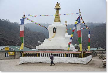 Tsering's lodge is just across from the Khumjung School, which was the first school Hillary built in Nepal.  There was a beautiful chorten between our rooms and the school and we could see a local man doing his daily circles around the chorten in prayer.