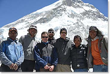 The climbing team with the West Shoulder of Everest behind. The climbing Sherpas are: Arita, Dawa, Tsering and Tashi.