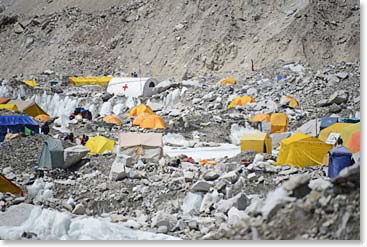 The view from our “front porch.” Base Camp is a jumble of rock, ice and nylon tents.