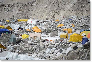 The view from our “front porch.” Base Camp is a jumble of rock, ice and nylon tents. 