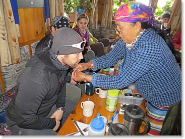 Before we left our lodge in Lukla on Wednesday morning, the owner Dawa Phuti, presented Steve and the other climbers with a sumje blessing.  This will be the first of many such blessing that our climbers are likely to receive along the trail to Everest.
