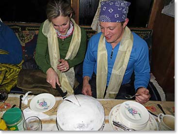 Phuri’s Sherpa cook staff did not learn of the engagement until the middle of the afternoon, but they somehow managed to make a delicious cake to celebrate the occasion.