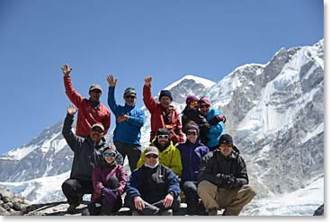 The team celebrates being high in the Himalaya and almost to our destination:  Everest Base Camp.