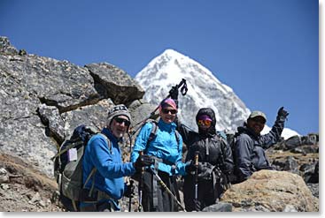Temba, Katie Branham, Joanne and Ed on the trail toward the Khumbu Glacier.
