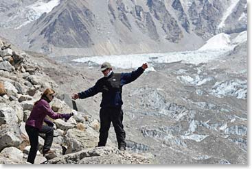 Daniel assists Cassidy climbing to a viewpoint of Everest Base Camp
