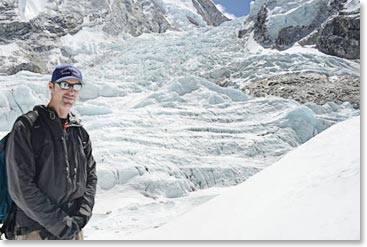 Todd Pendleton, with the Khumbu Icefall where he will soon be climbing, behind.