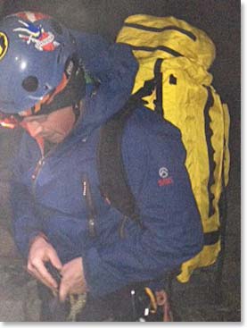 In the predawn darkness - just before 4:00am - Daniel buckles up his pack before heading into the Khumbu Icefall. By 10:00am the team had arrived at Camp I.