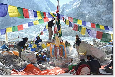 As our team ascends higher on the mountain: today they are moving from Camp I to Camp II - more and more teams are arriving and preparing to begin their climbing by having Pooja ceremonies at Base Camp.  More Poojas were done on the 16th and 17th of April.