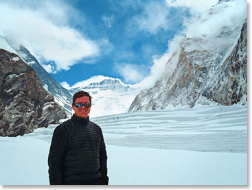Daniel at Camp I, with the Western Cwm and Lhotse Face behind