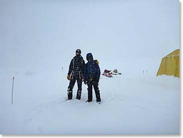 On Sat., Apr 20th, the guys started down from Camp II. Here is Daniel and Todd taking a break at Camp I on the way down.