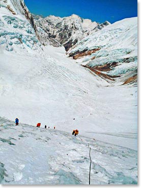 Line of climbers sharing the fixed ropes on the Lhotse face