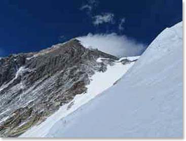 The summit of Everest as seen from Camp III