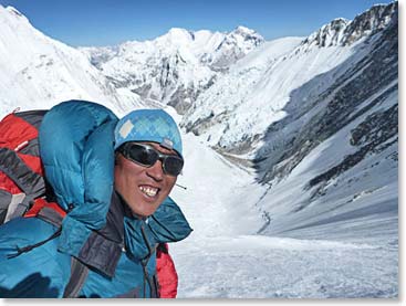 Dawa Nuru, seen here climbing at the top of the Lhotse Face, did a superb job as lead climbing Sherpa.