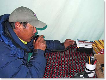 During the long nights of May 15 and May 16, while the team was on the South Col and above for the summit attempt, Wally and Temba slept in the Communication Tent, so that we could keep up with the news from up high.