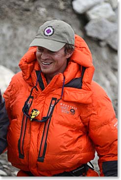 Daniel arrived at Base Camp from Camp II on May 18th, still wearing what he calls his “Onesie”,  his one piece down suit.  