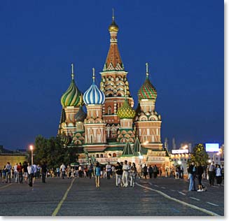 St. Basil’s Cathedral in Red Square, Moscow; lighting up the night sky