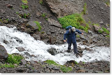 Before they get to the waterfall they first must cross the water.